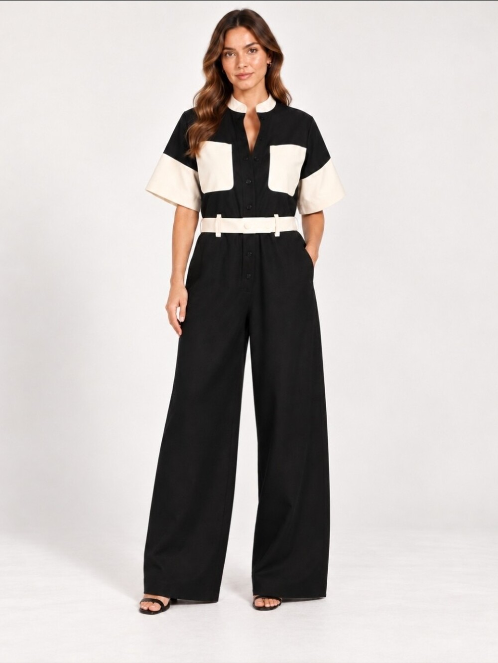 NWT Yellow The Label Arlo Black & Ivory Belted Wide Leg Jumpsuit Size L
